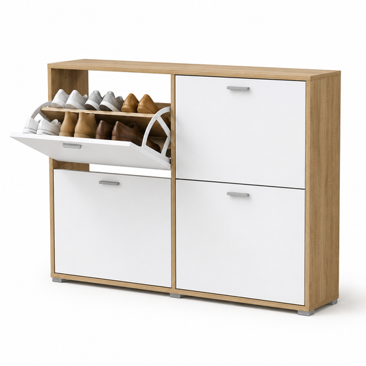 Meuble à Chaussures double 24 Paires 4 Abattants Ultra Slim 23,5 cm Rangement Entrée Bois clair et Blanc 118x23,5x75 cm