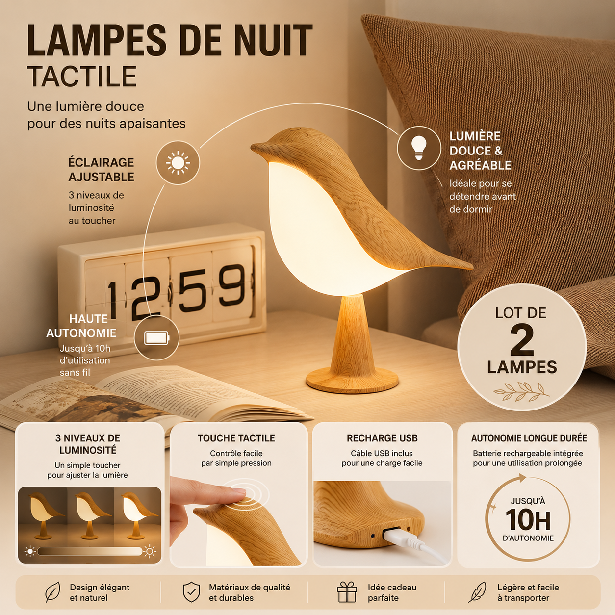 Lot de 2 Lampes de Nuit Tactiles Oiseau - LED - 6W, 3 Couleurs Ajustables - ABS+PC - Autonomie 8-10h - Blanc