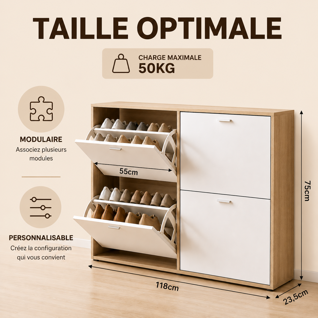Meuble à Chaussures double 24 Paires 4 Abattants Ultra Slim 23,5 cm Rangement Entrée Bois clair et Blanc 118x23,5x75 cm