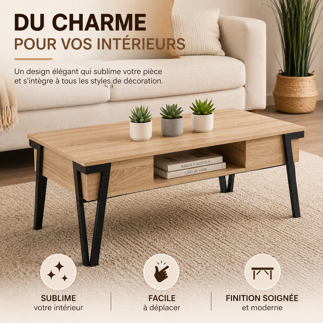Table Basse Rectangulaire 110x55x45 cm – Acier Noir, Plateau Bois – Design Moderne pour Salon, Bureau ou Espace de Vie