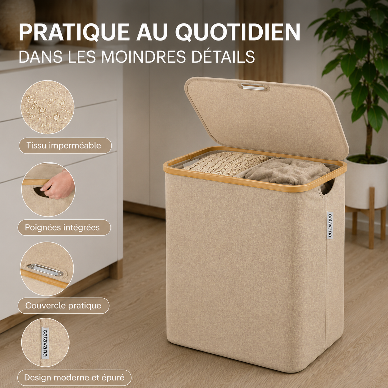 Panier à Linge en Bambou Beige avec Couvercle – Corbeille à Linge 140 L avec Double Sacs et Poignées
