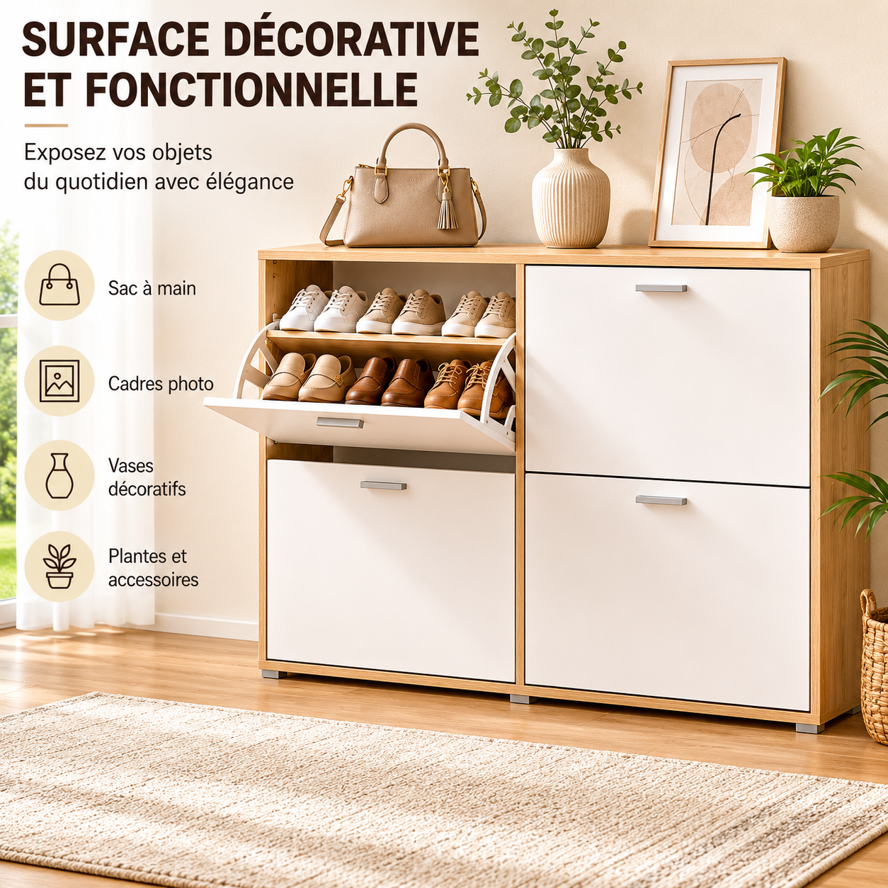 Meuble à Chaussures double 24 Paires 4 Abattants Ultra Slim 23,5 cm Rangement Entrée Bois clair et Blanc 118x23,5x75 cm
