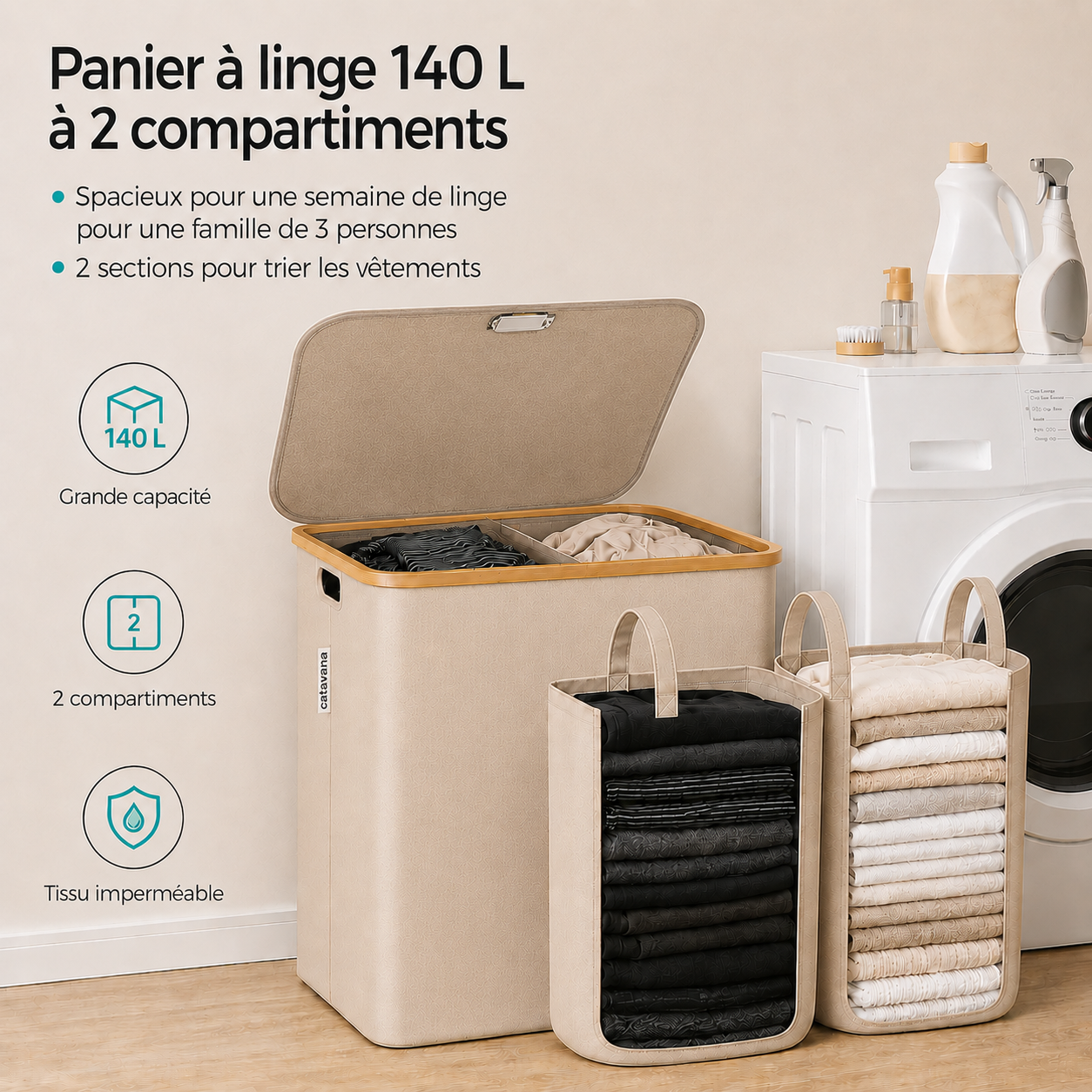 Panier à Linge en Bambou Beige avec Couvercle – Corbeille à Linge 140 L avec Double Sacs et Poignées