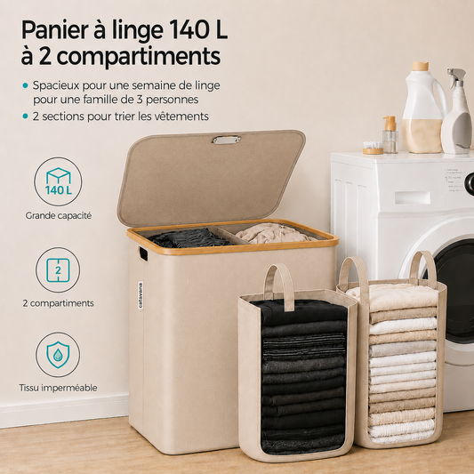 Panier à Linge en Bambou Beige avec Couvercle – Corbeille à Linge 140 L avec Double Sacs et Poignées