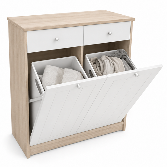 Meuble à Linge 45L, Armoire à Linge 2 Compartiments en Bois avec Paniers Amovibles