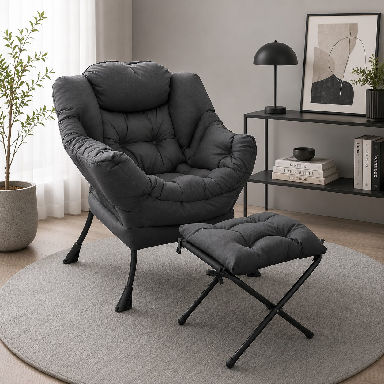 Fauteuil Design Velours avec Repose-Pieds – Confort et Structure Robuste – Fauteuil 75x70x104 cm, Tabouret 34x34x32 cm