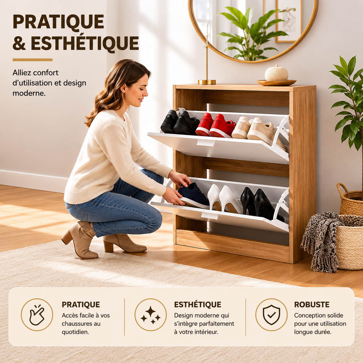 Meuble à Chaussures 2 Étagères 12 Paires Portes Blanches et Cadre Bois Clair (89.5 × 41 × 13 cm)