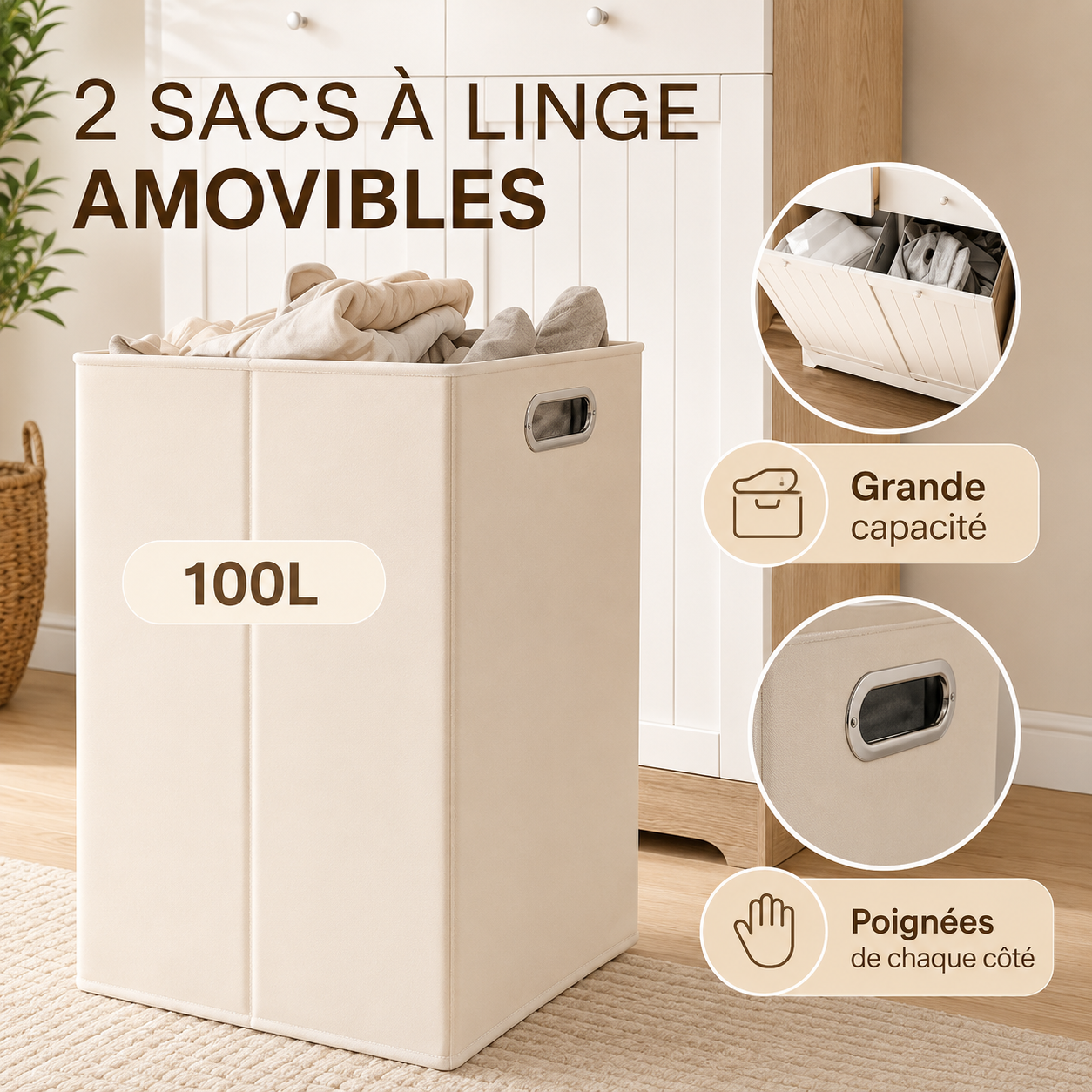 Meuble à Linge 45L, Armoire à Linge 2 Compartiments avec Paniers Amovibles couleur Bois Blanc