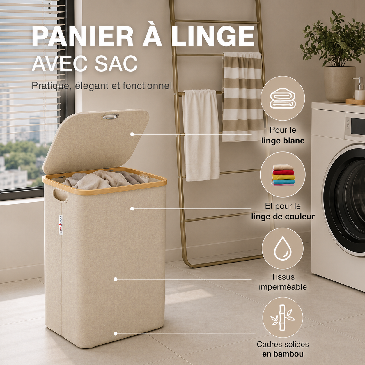 Panier à Linge en Bambou Beige avec Couvercle – Corbeille à Linge 100 L avec Sac et Poignées