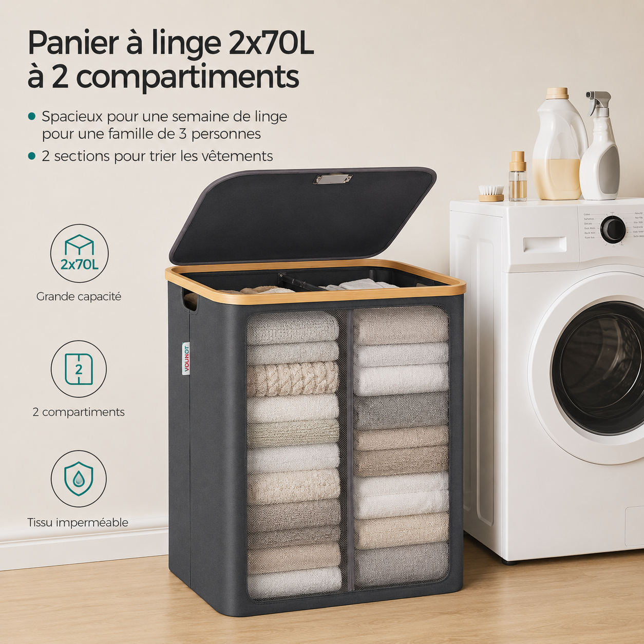Panier à Linge en Bambou Noir avec Couvercle – Corbeille à Linge 140 L avec Double Sacs et Poignées